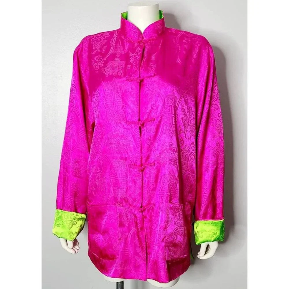 Vintage Asian Jacket, 90s Reversible Jacket, Pink and Green, Size XL - Picture 2 of 10